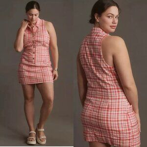 NWT Anthropologie Linen Collared Button-Front Mini Dress 1X Red White Plaid